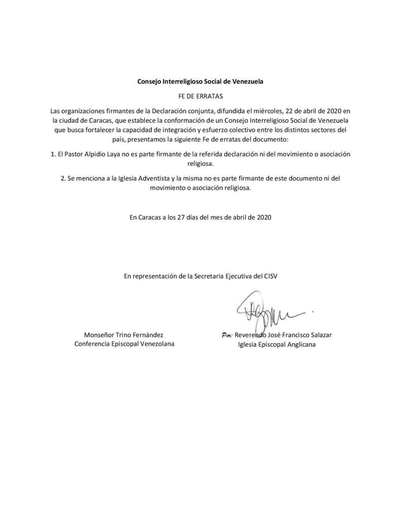 Fe de erratas de la Declaración de la Conformación del Consejo  Interreligioso Social de Venezuela